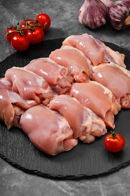 Boneless chicken thigh fillet ready to cook organic products layout for a healthy diet and organic