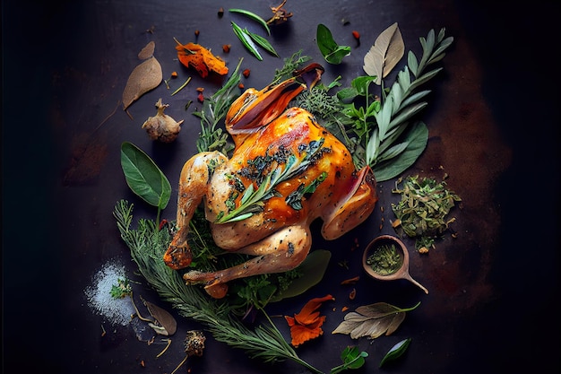 Boneless chicken with herbs on a black stone background.