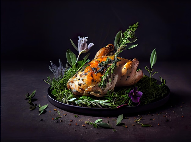 Boneless chicken with herbs on a black stone background.