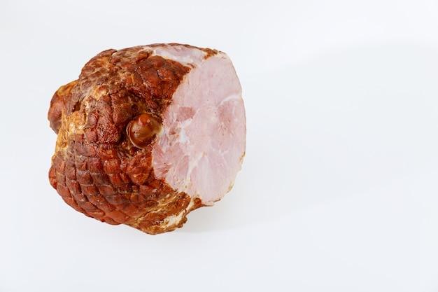 Boneless pork ham isolated on white background. Meat, meal.