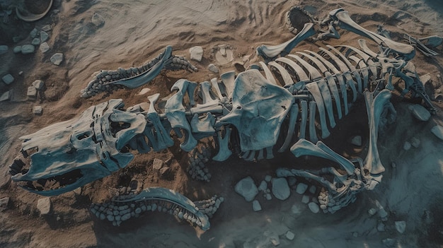 Bones of the skeleton of a fossil animal in the stonesGenerative AI