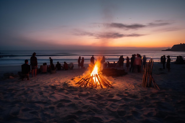 A bonfire on the beach at sunset with people sitting around it