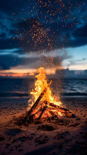 a bonfire on the beach at sunset