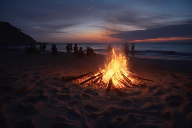 A bonfire on the beach at sunset