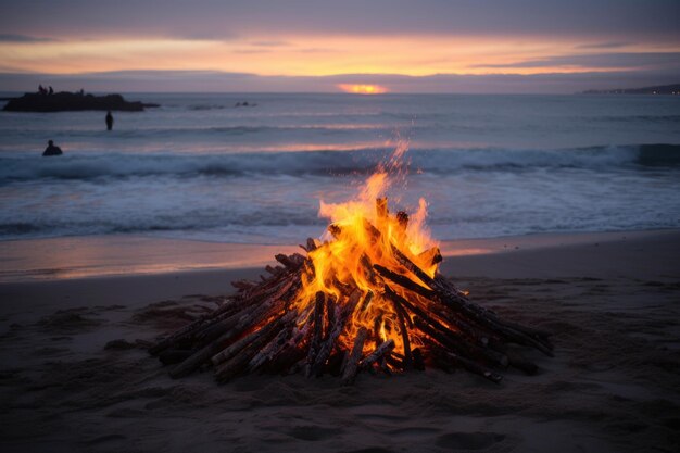 Bonfire on the beach with waves crashing in the background created with generative ai