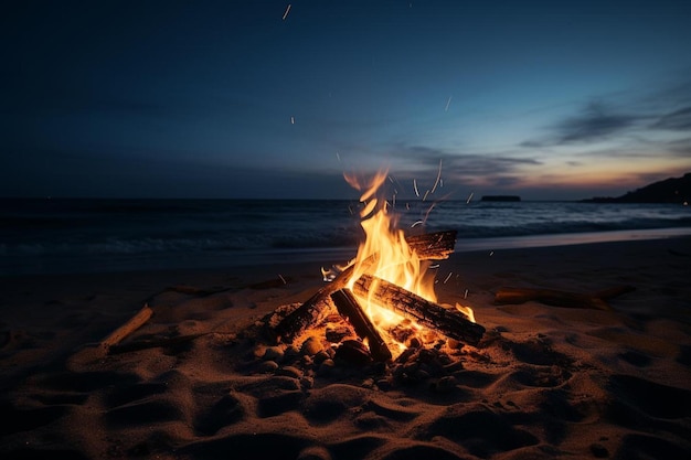 Bonfire blazing on a moonlit beach