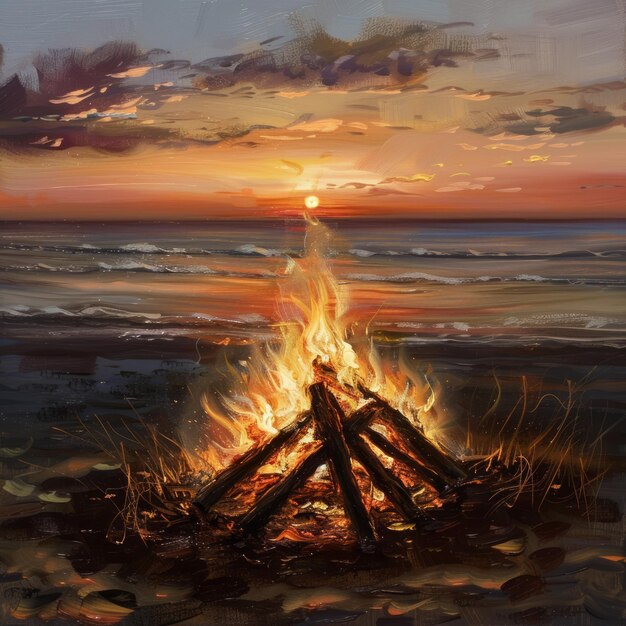 A bonfire burns brightly on a beach at sunset