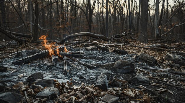 Photo a bonfire burns in a clearing in the woods the fire is surrounded by a ring of charred logs and ashes the trees in the background are barebranched