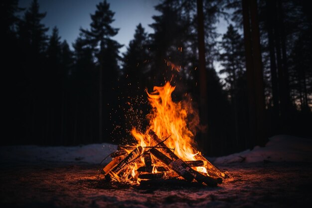 A bonfire casting flickering light on nearby trees