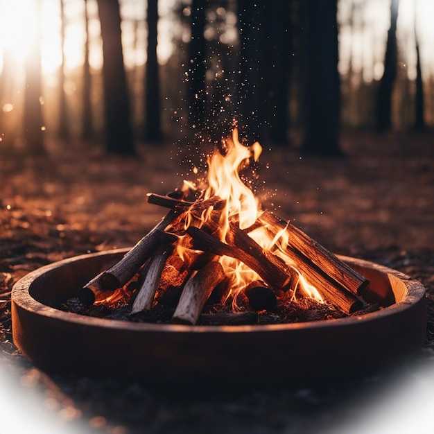 A Bonfire in the forest at sunset Camping in nature