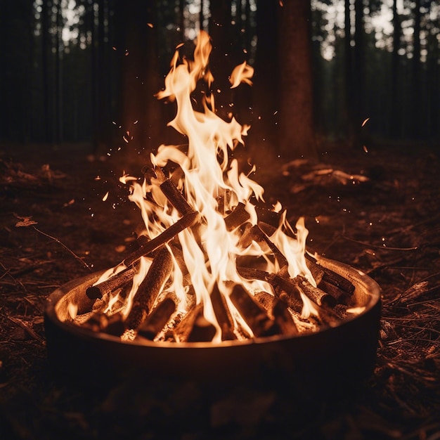 A Bonfire in the forest at sunset Camping in nature