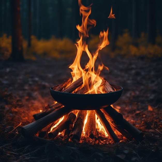 A Bonfire in the forest at sunset Camping in nature