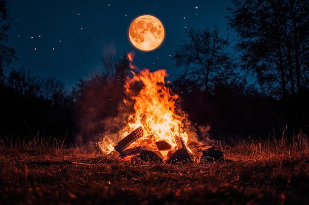 Bonfire on log at night