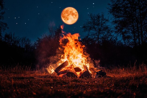 Photo bonfire on log at night