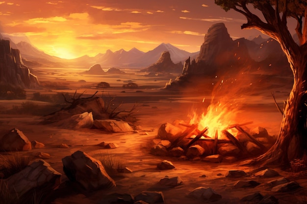 A bonfire roaring in the midst of a desert landscape