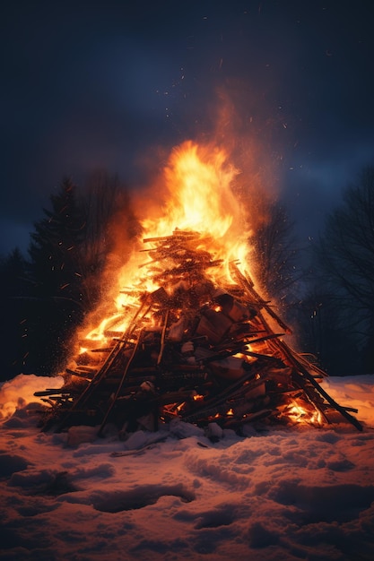 Bonfire in the winter forest on a background of the night sky