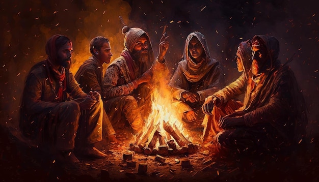 Bonfire in winters painting Generative AI