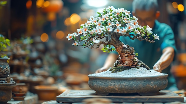 Photo bonsai enthusiast shaping flowering bonsai tree copper wire placed handcrafted stone container white