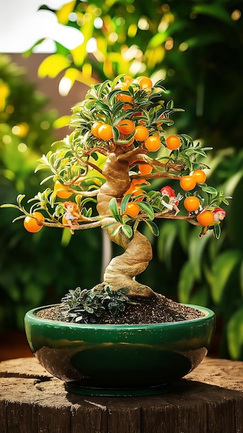 Bonsai plant in a vibrant lush green garden with an orange hue AI generated