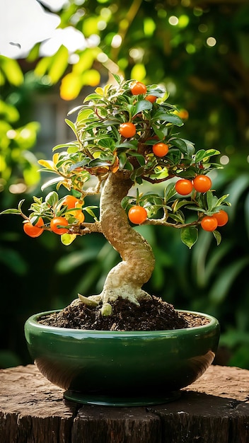 Bonsai plant in a vibrant lush green garden with an orange hue AI generated