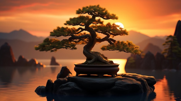 Bonsai tree on the beach with sunset sky