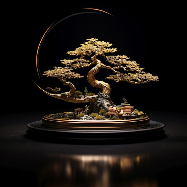 Bonsai tree on black and gold background photo