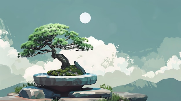 Photo bonsai tree on a cliff with a full moon in the sky