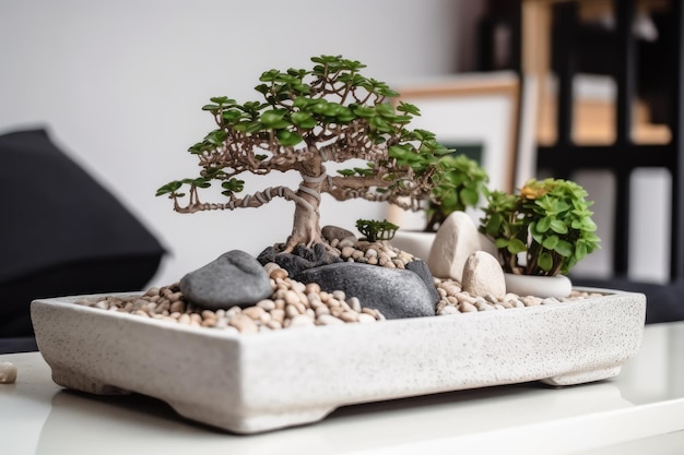 Bonsai tree in concrete pot with pebbles and stones