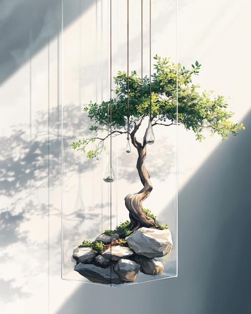 Photo bonsai tree in glass cube illustration