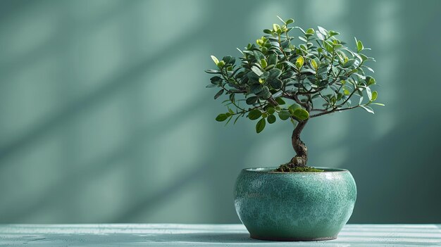 Photo bonsai tree in a green pot on a wooden table