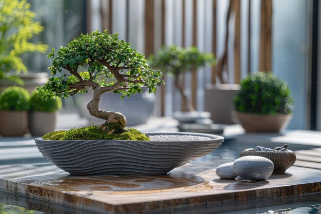 Photo a bonsai tree is surrounded by pots and one is made by a bonsai