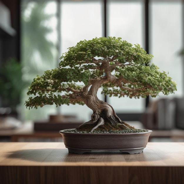 A bonsai tree is on a table in a room with a large window behind it.