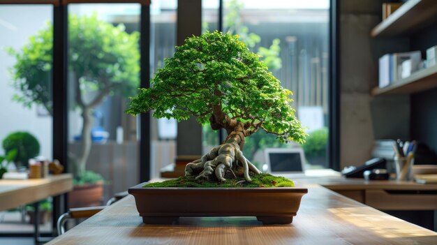 A bonsai tree in a modern office space adding a touch of nature and tranquility to the work environment