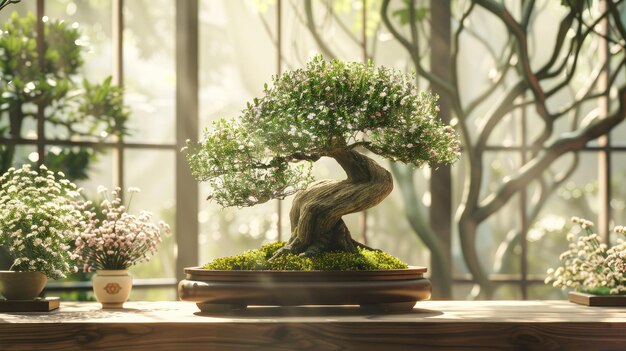 A bonsai tree placed on a traditional wooden stand surrounded by delicate Ikebana flower arrangements