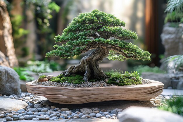 Bonsai Tree in a Pot with Stones