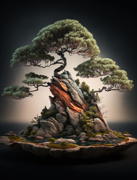 Bonsai tree on a rock in the forest Generative AI