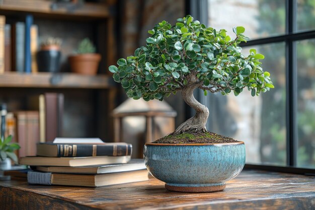 Photo a bonsai tree sits on a wooden table in front of a window there are books and plants in the background