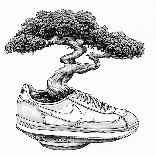 Photo bonsai tree and sneakers ink and watercolor drawing