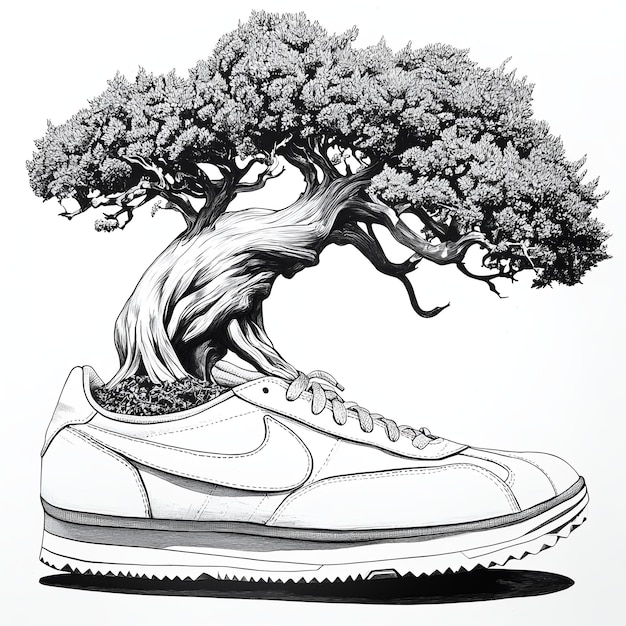 Photo bonsai tree and sneakers on white background hand drawn illustration