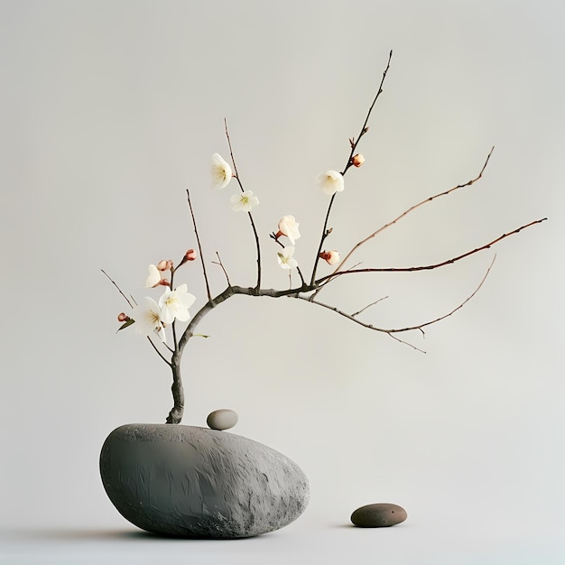 Bonsai tree in a stone vase on a gray background