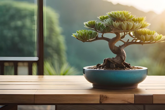 a bonsai tree on a table in front of a window.