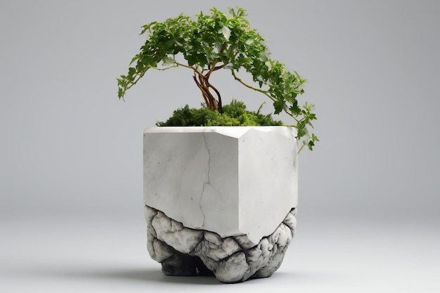 Bonsai tree in a white pot on a gray background