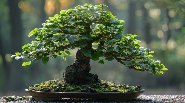 Photo a bonsai tree with green leaves in a brown pot on a stone surface with a blurred background of trees