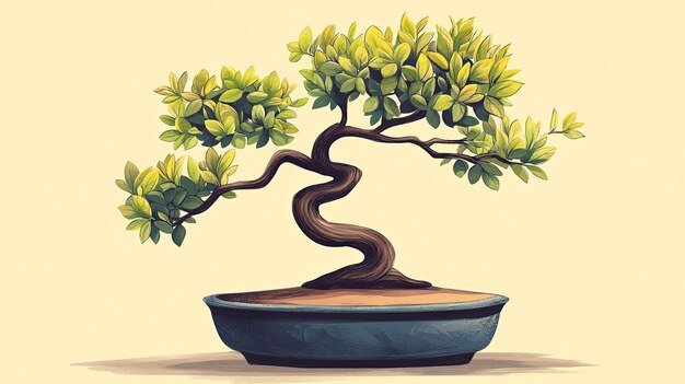 Photo a bonsai tree with green leaves and a twisted trunk