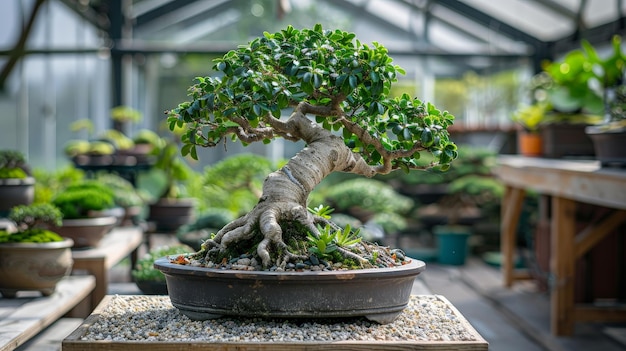 Photo a bonsai tree with intricate branches and roots in a brown pot sitting on a wooden table