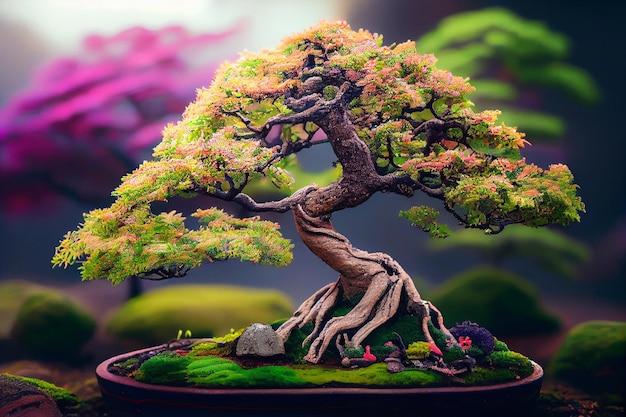 Bonsai tree with a large branch and leaves