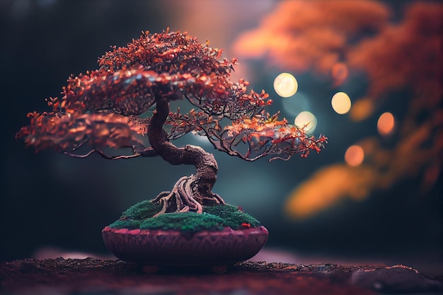 A bonsai tree with a mossy rock surface and a blurred background.