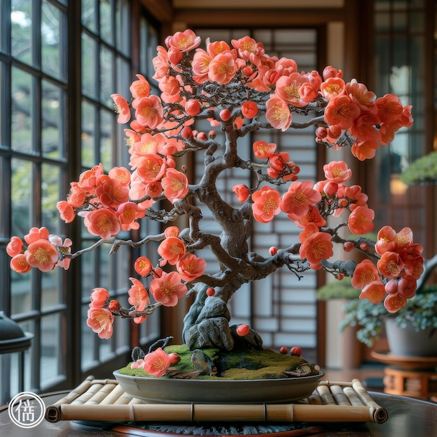 Photo bonsai tree with orange blossoms displayed in a pottery vase