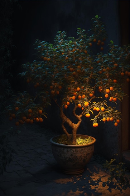 Bonsai tree with oranges growing in a pot generative ai