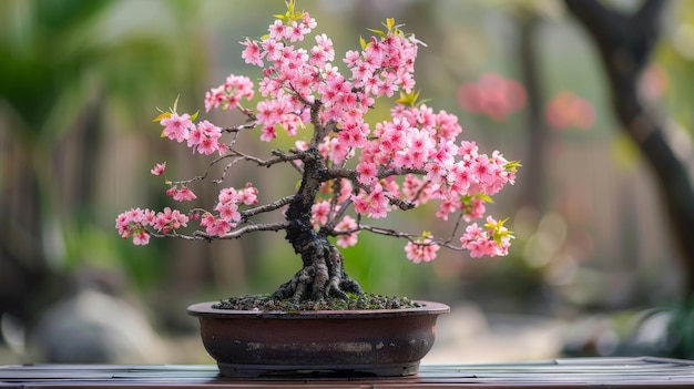 A bonsai tree with pink blossoms in a brown pot on a wooden table